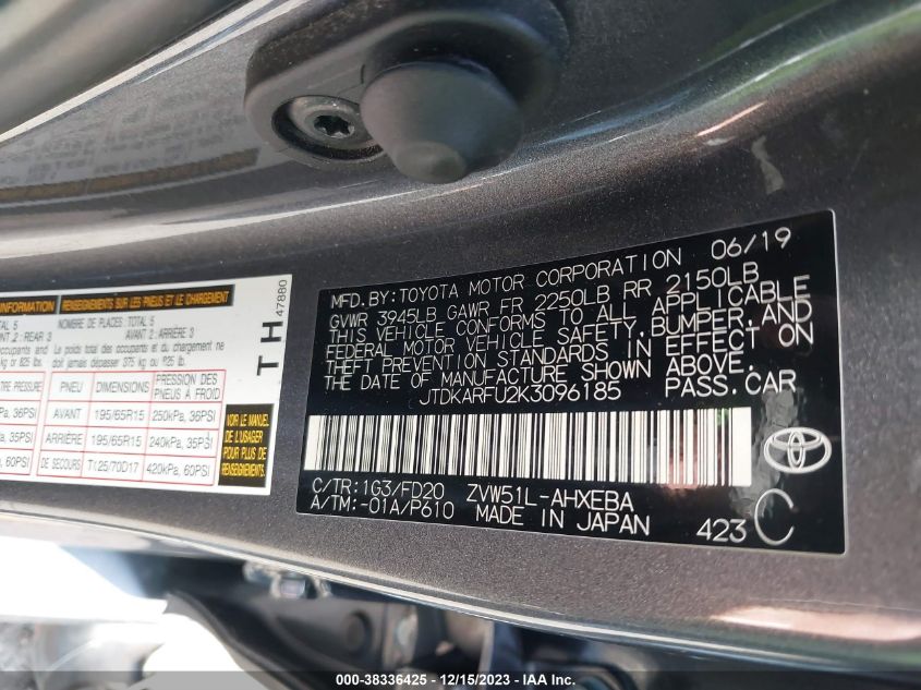 Auction sale of the 2019 TOYOTA PRIUS , vin: JTDKARFU2K3096185, lot number: 38336425