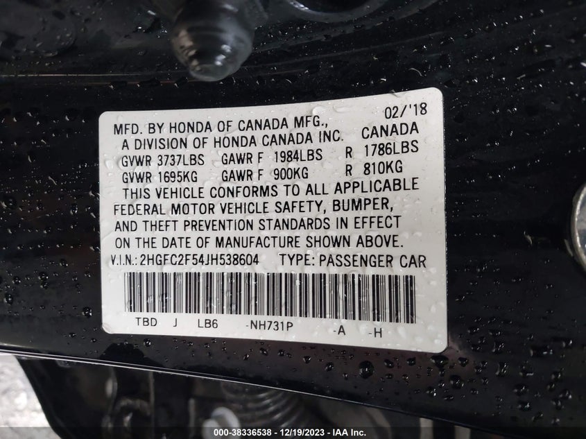 VIN 2HGFC2F54JH538604 2018 HONDA CIVIC LX