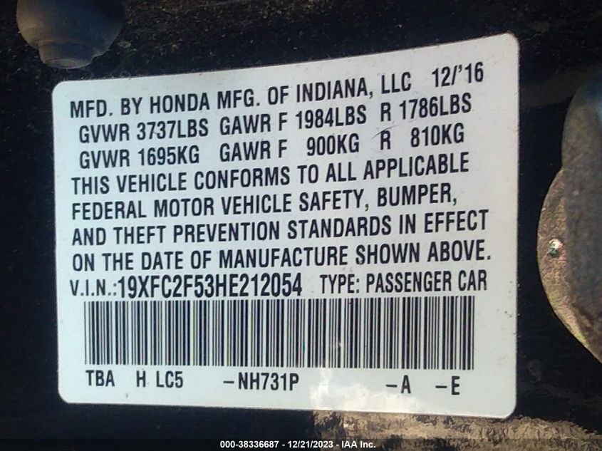 2017 HONDA CIVIC LX - 19XFC2F53HE212054