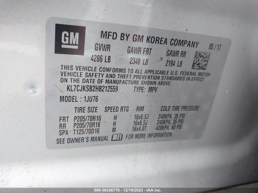 VIN KL7CJKSB2HB212559 2017 CHEVROLET TRAX LS