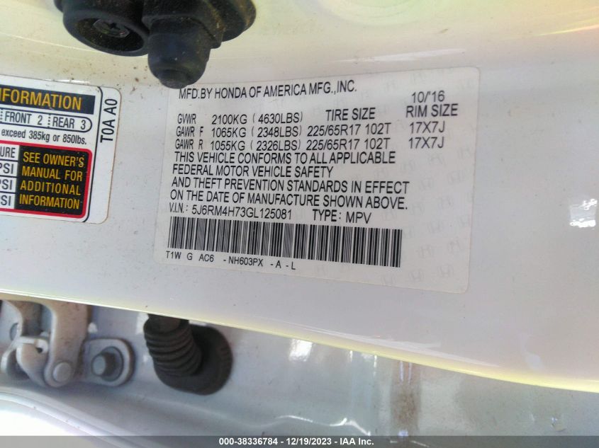 2016 HONDA CR-V EXL - 5J6RM4H73GL125081
