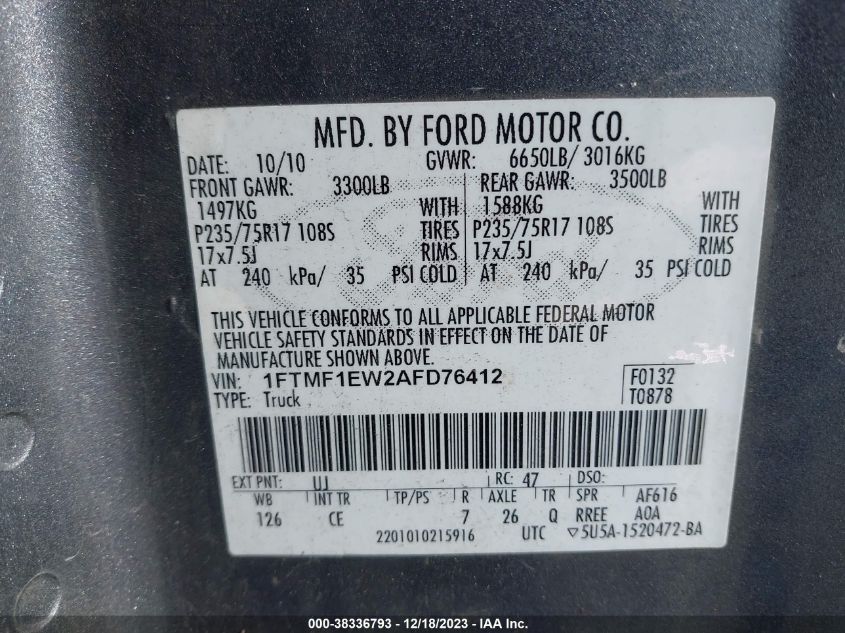 1FTMF1EW2AFD76412 | 2010 FORD F-150