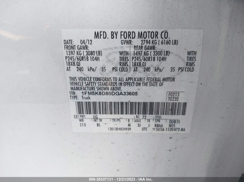 2013 FORD EXPLORER XLT - 1FM5K8D80DGA33605