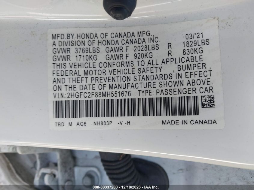 2021 HONDA CIVIC SPORT - 2HGFC2F88MH551676