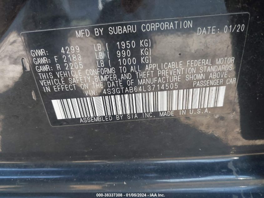 2020 SUBARU IMPREZA - 4S3GTAB64L3714505