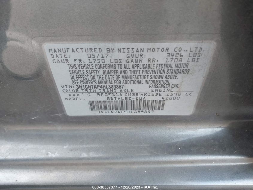 2017 NISSAN VERSA 1.6 SV - 3N1CN7AP4HL889857