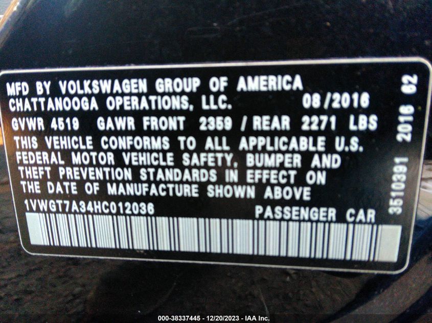 2017 VOLKSWAGEN PASSAT 1.8T SE - 1VWGT7A34HC012036