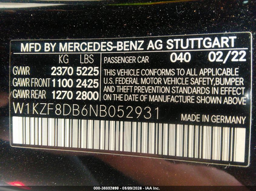 2022 MERCEDES-BENZ E 350 W1KZF8DB6NB052931
