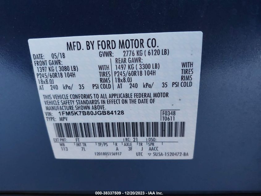 2018 FORD EXPLORER - 1FM5K7B80JGB84128