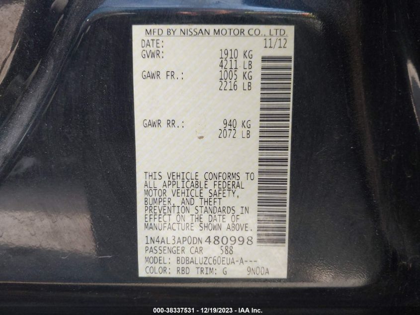 2013 NISSAN ALTIMA 2.5/S/SV/SL - 1N4AL3AP0DN480998