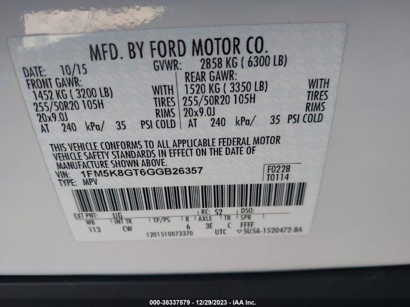 2016 FORD EXPLORER SPORT - 1FM5K8GT6GGB26357