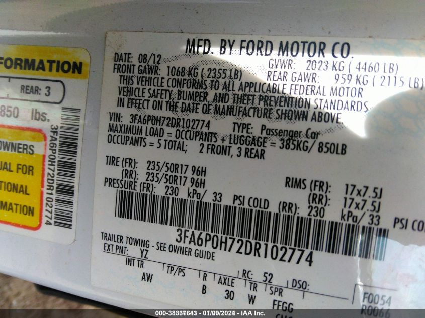 2013 FORD FUSION - 3FA6P0H72DR102774