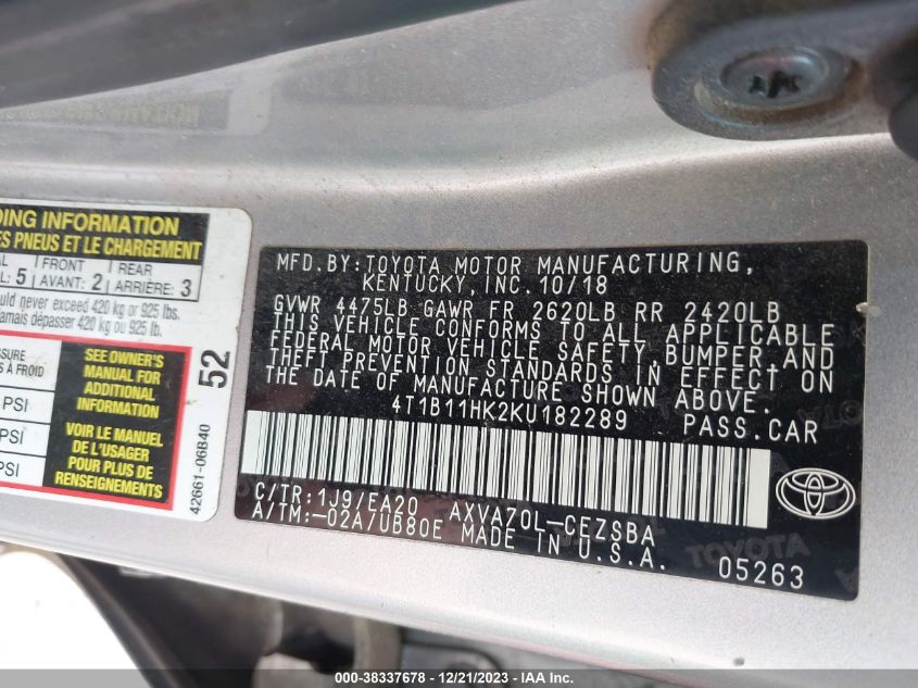 2019 TOYOTA CAMRY L/LE/XLE/SE/XSE - 4T1B11HK2KU182289