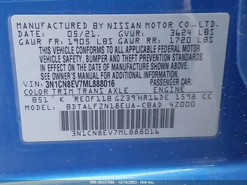2021 NISSAN VERSA SV XTRONIC CVT - 3N1CN8EV7ML888016