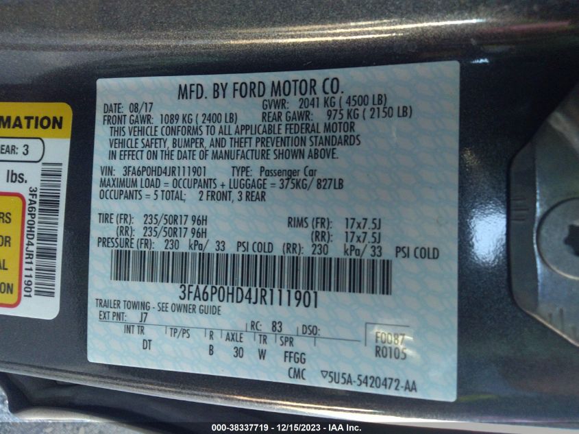 2018 FORD FUSION SE - 3FA6P0HD4JR111901