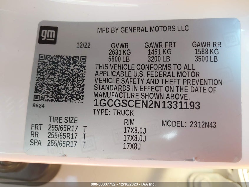 VIN 1GCGSCEN2N1331193 2022 CHEVROLET COLORADO 2WD  SHORT BOX LT