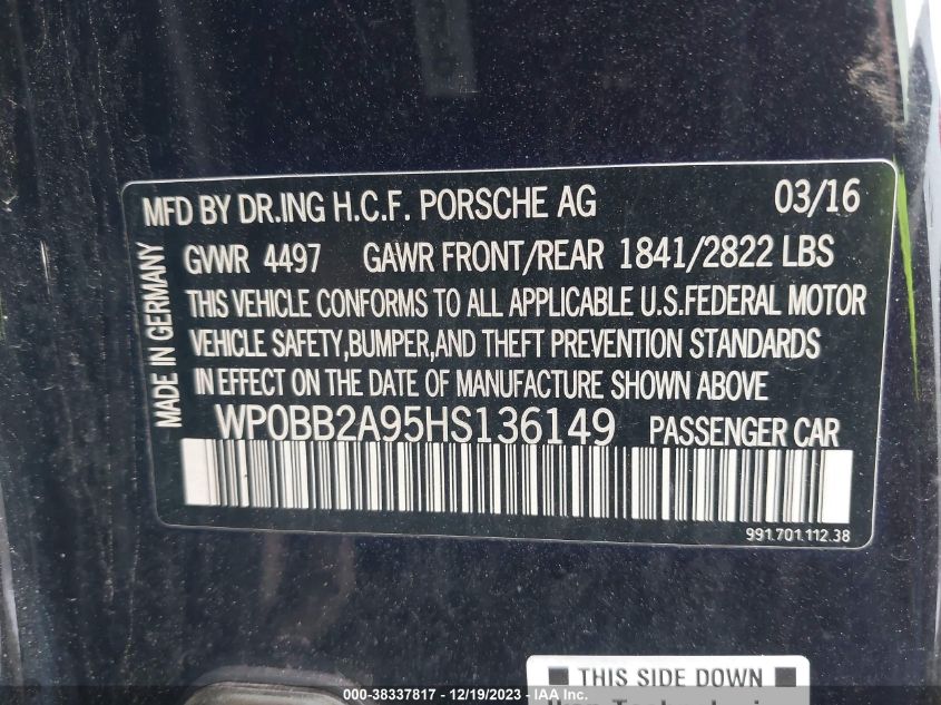 2017 PORSCHE 911 TARGA 4S WP0BB2A95HS136149