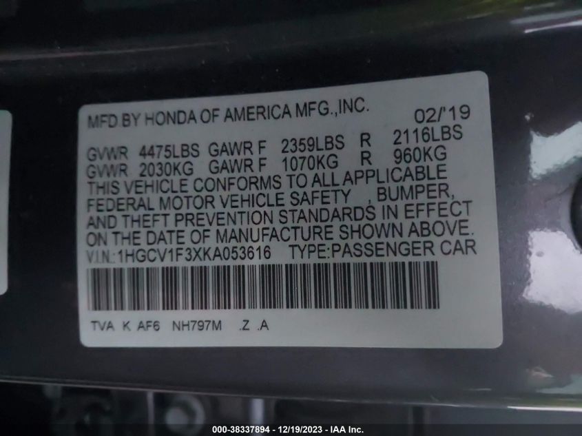 2019 HONDA ACCORD SPORT - 1HGCV1F3XKA053616