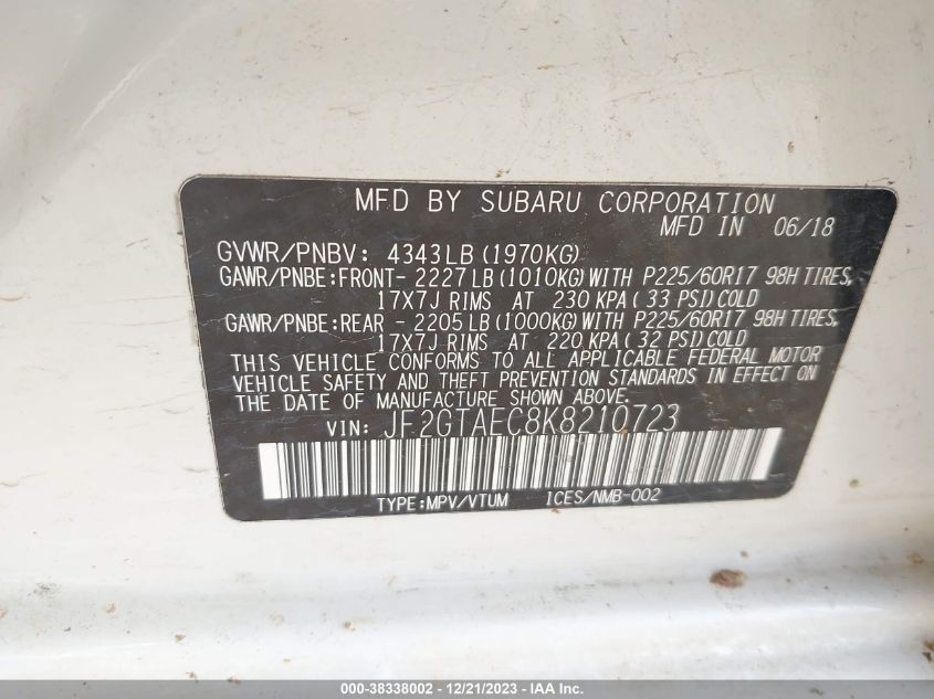 2019 SUBARU CROSSTREK 2.0I PREMIUM - JF2GTAEC8K8210723