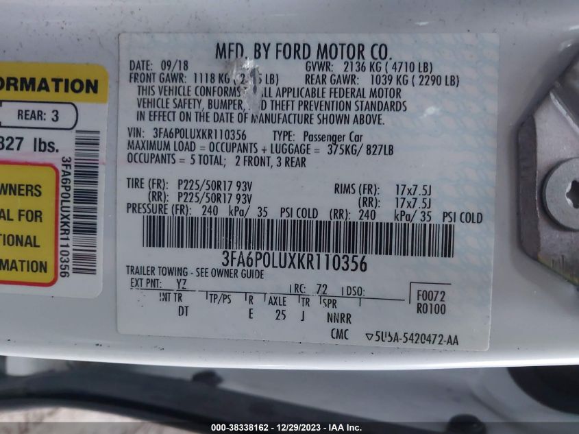 2019 FORD FUSION HYBRID SE - 3FA6P0LUXKR110356