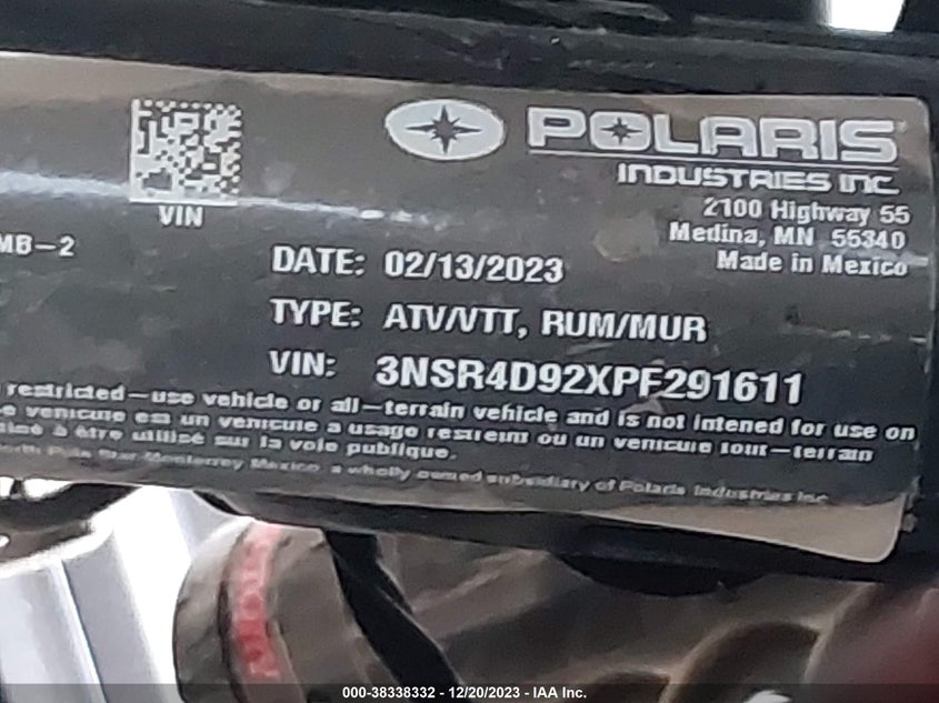 VIN 3NSR4D92XPF291611 2023 POLARIS RZR PRO XP 4 ULTIMATE