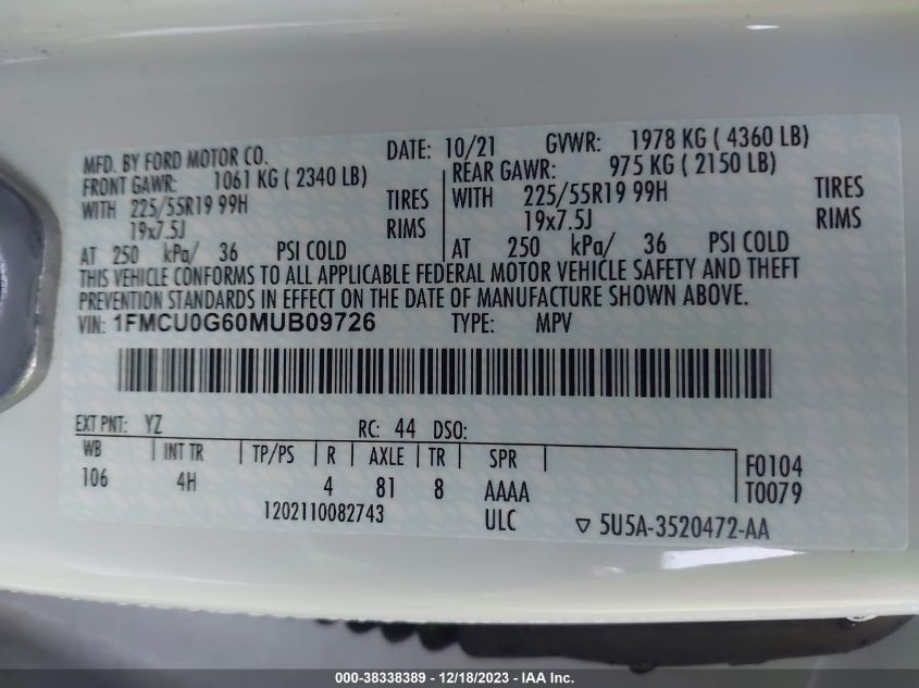 1FMCU0G60MUB09726 2021 FORD ESCAPE, photo no. 9