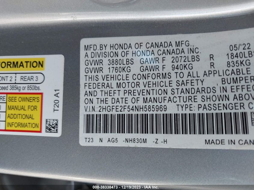 2022 HONDA CIVIC SPORT - 2HGFE2F54NH585969