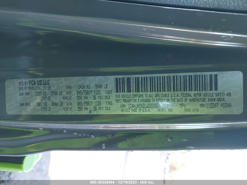 VIN 1C4HJXDN2LW222667 2020 JEEP WRANGLER UNLIMITED SPORT