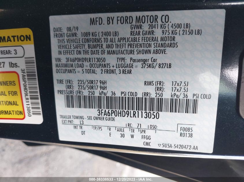 2020 FORD FUSION SE - 3FA6P0HD9LR113050