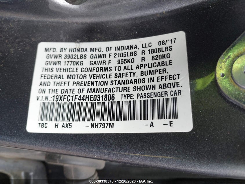 VIN 19XFC1F44HE031806 2017 HONDA CIVIC EX