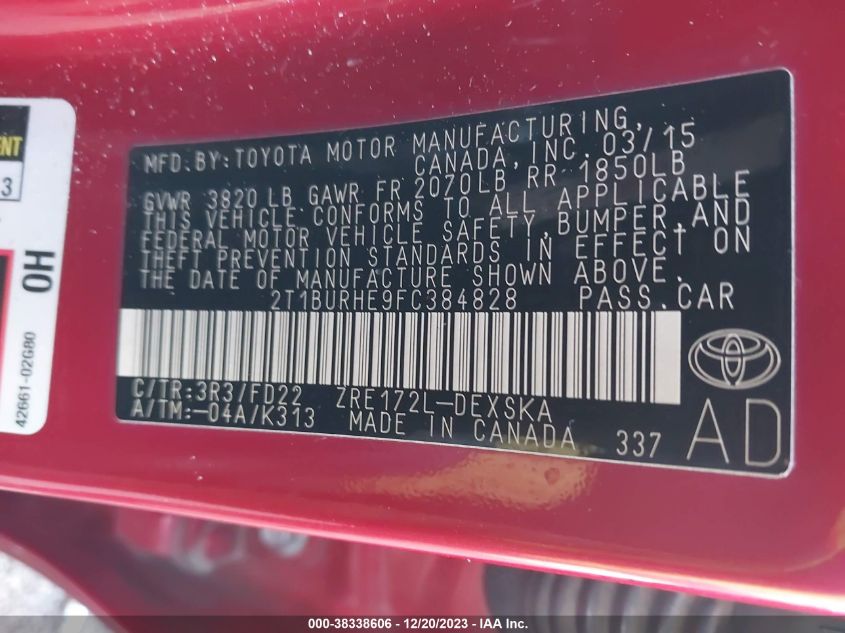 2015 TOYOTA COROLLA S - 2T1BURHE9FC384828