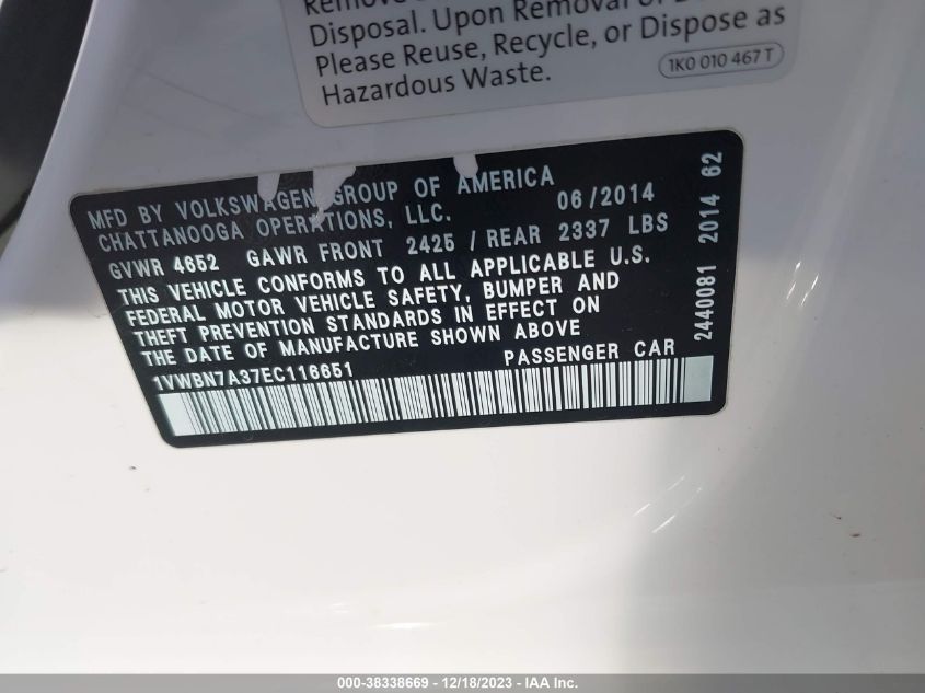 2014 VOLKSWAGEN PASSAT SE - 1VWBN7A37EC116651