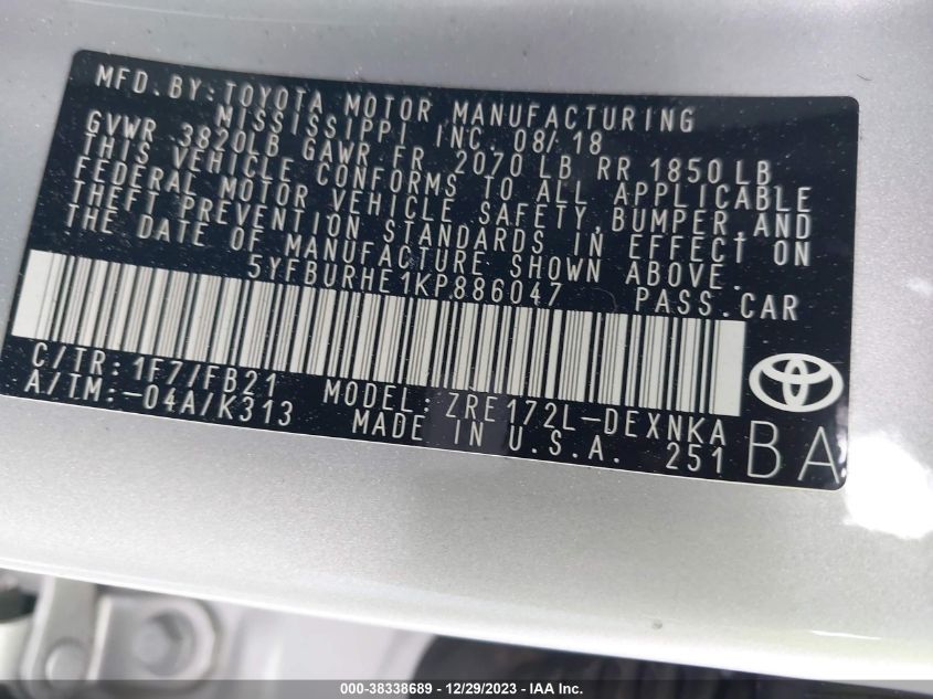 2019 TOYOTA COROLLA LE - 5YFBURHE1KP886047