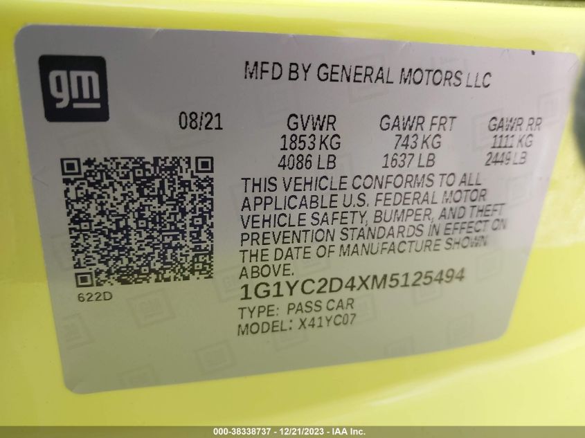 2021 CHEVROLET CORVETTE STINGRAY STINGRAY 3LT - 1G1YC2D4XM5125494