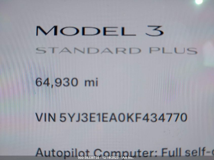 2019 TESLA MODEL 3 - 5YJ3E1EA0KF434770