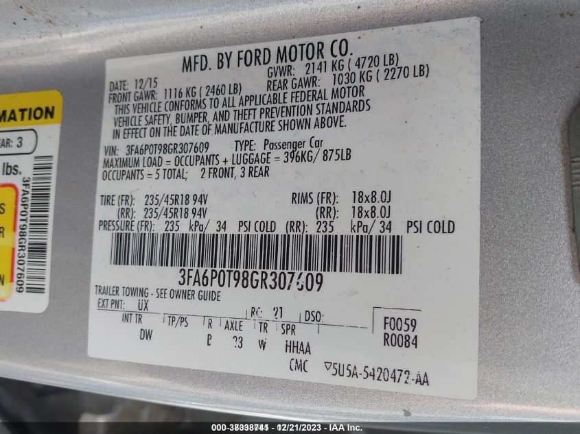 2016 FORD FUSION - 3FA6P0T98GR307609