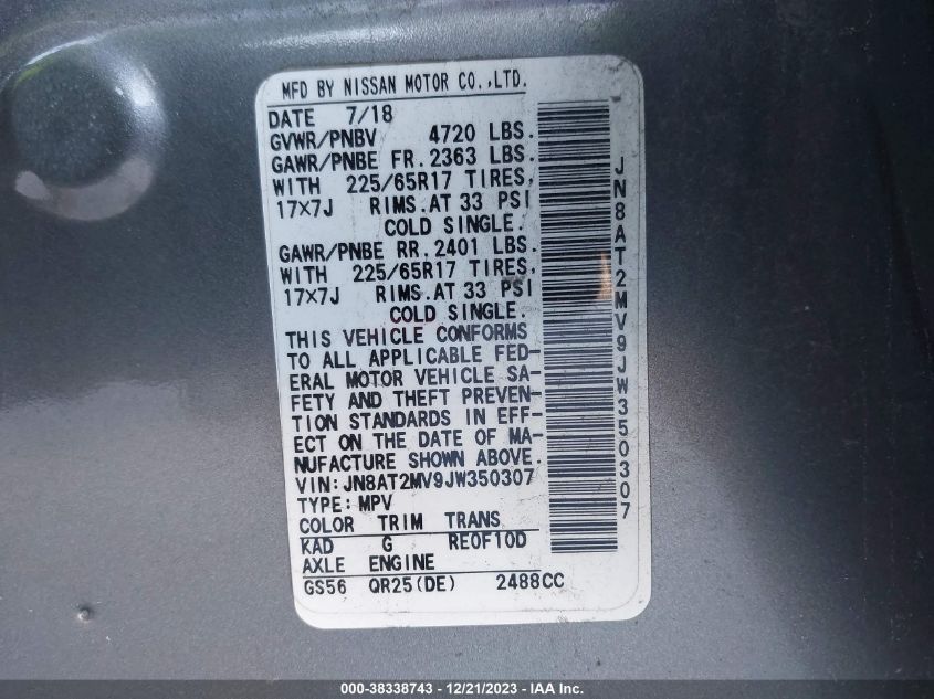 2018 NISSAN ROGUE SV - JN8AT2MV9JW350307