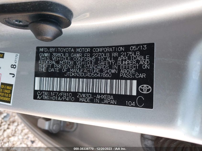2013 TOYOTA PRIUS TWO - JTDKN3DU4D5647860