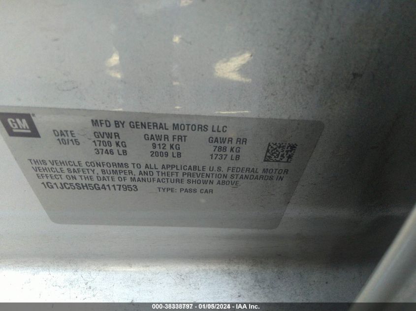 2016 CHEVROLET SONIC LT AUTO - 1G1JC5SH5G4117953