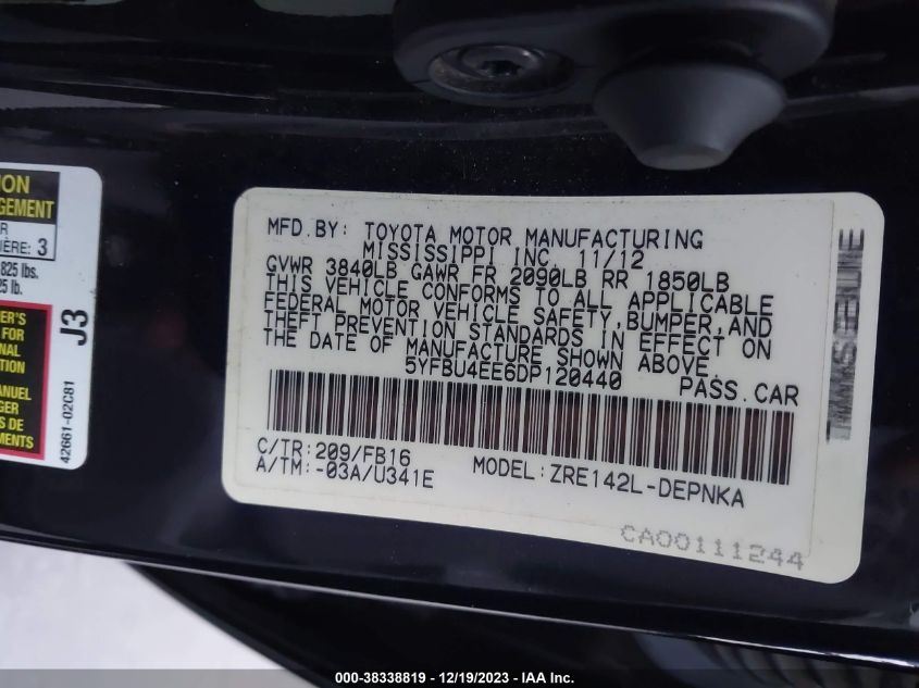 2013 TOYOTA COROLLA S/LE - 5YFBU4EE6DP120440