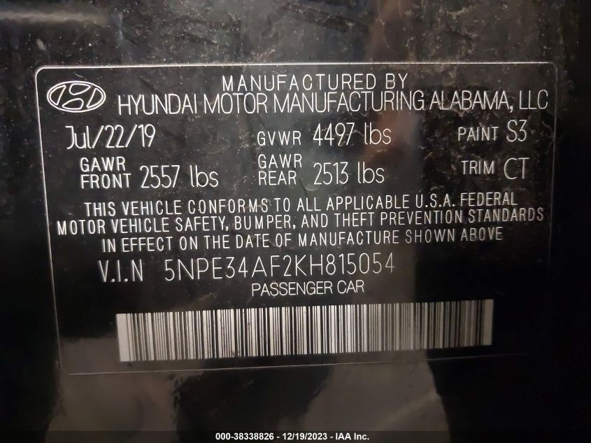 2019 HYUNDAI SONATA SEL - 5NPE34AF2KH815054