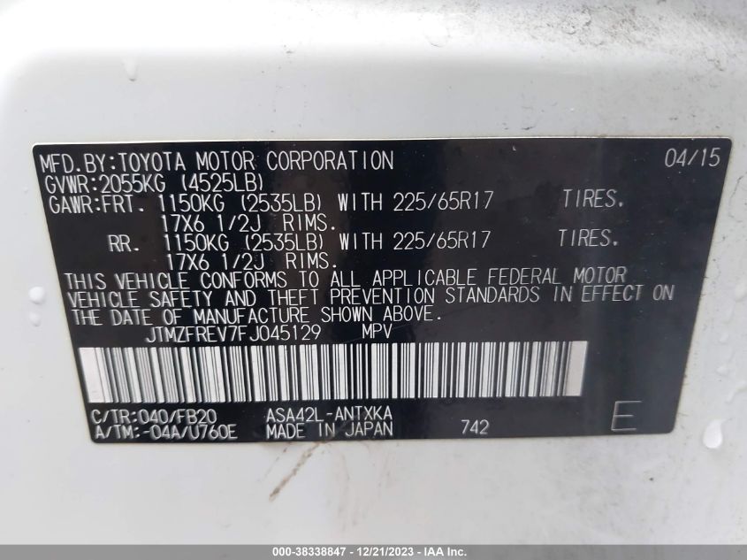 2015 TOYOTA RAV4 LE - JTMZFREV7FJ045129