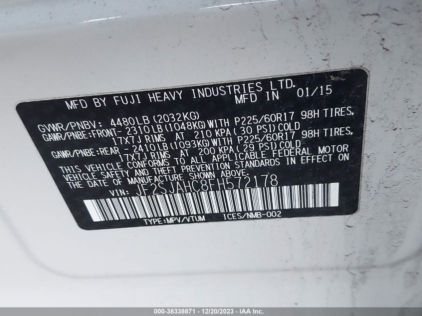 2015 SUBARU FORESTER 2.5I LIMITED - JF2SJAHC8FH572178
