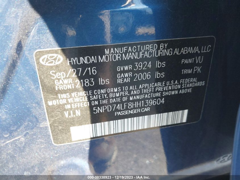 VIN 5NPD74LF8HH139604 2017 HYUNDAI ELANTRA SE