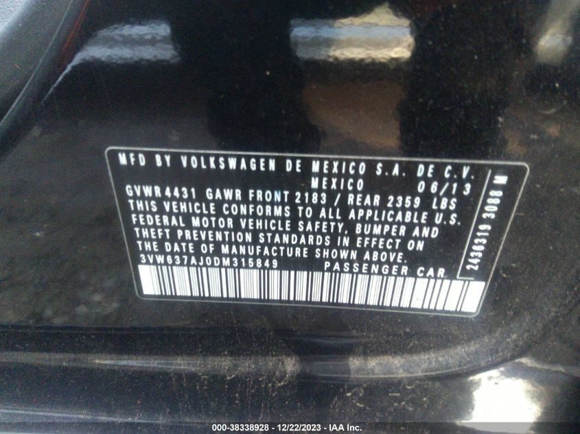 2013 VOLKSWAGEN JETTA HYBRID SEL 3VW637AJ0DM315849