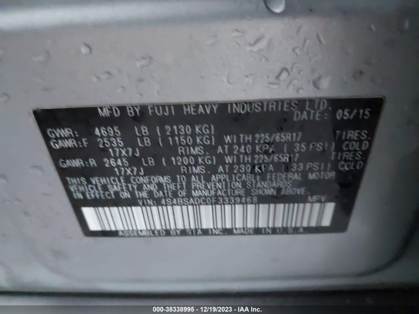 2015 SUBARU OUTBACK 2.5I PREMIUM - 4S4BSADC0F3339468