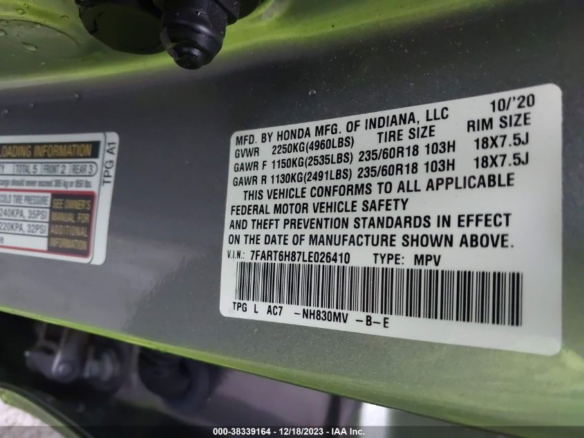 2020 HONDA CR-V EXL - 7FART6H87LE026410