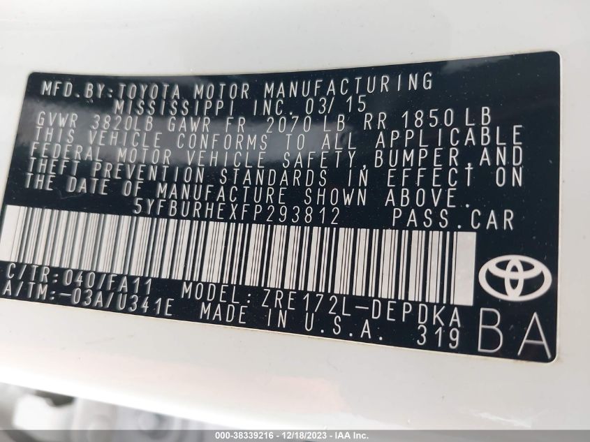 2015 TOYOTA COROLLA L/LE/LE PLS/PRM/S/S PLS - 5YFBURHEXFP293812