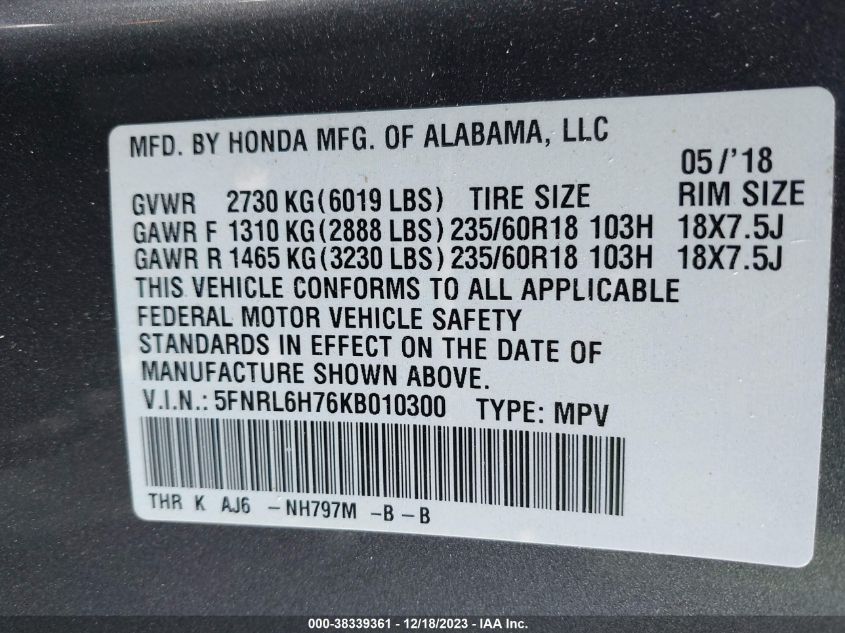 5FNRL6H76KB010300 2019 HONDA ODYSSEY, photo no. 9