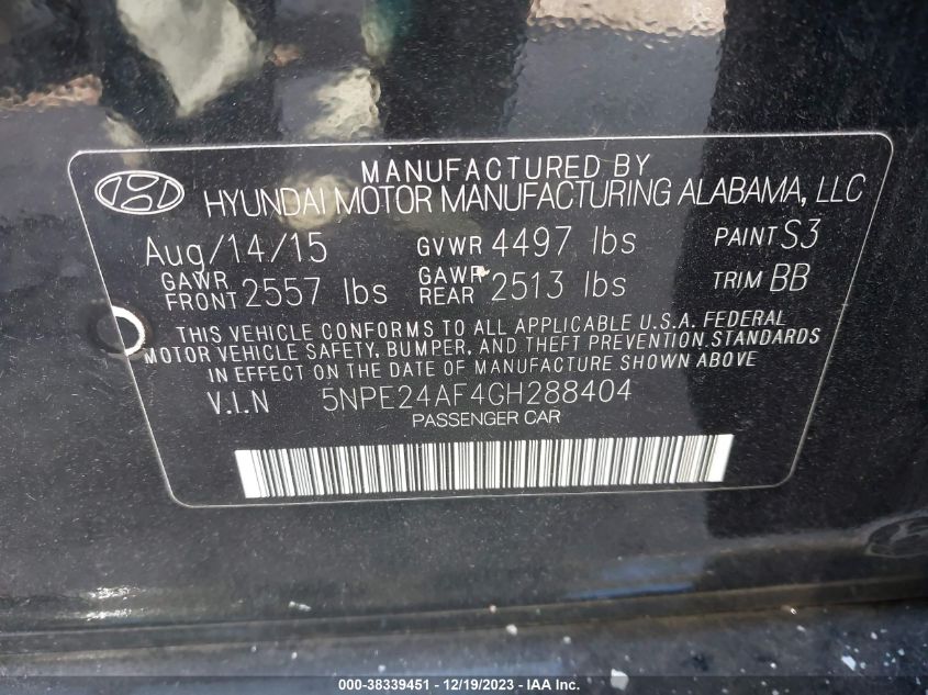 2016 HYUNDAI SONATA SE - 5NPE24AF4GH288404